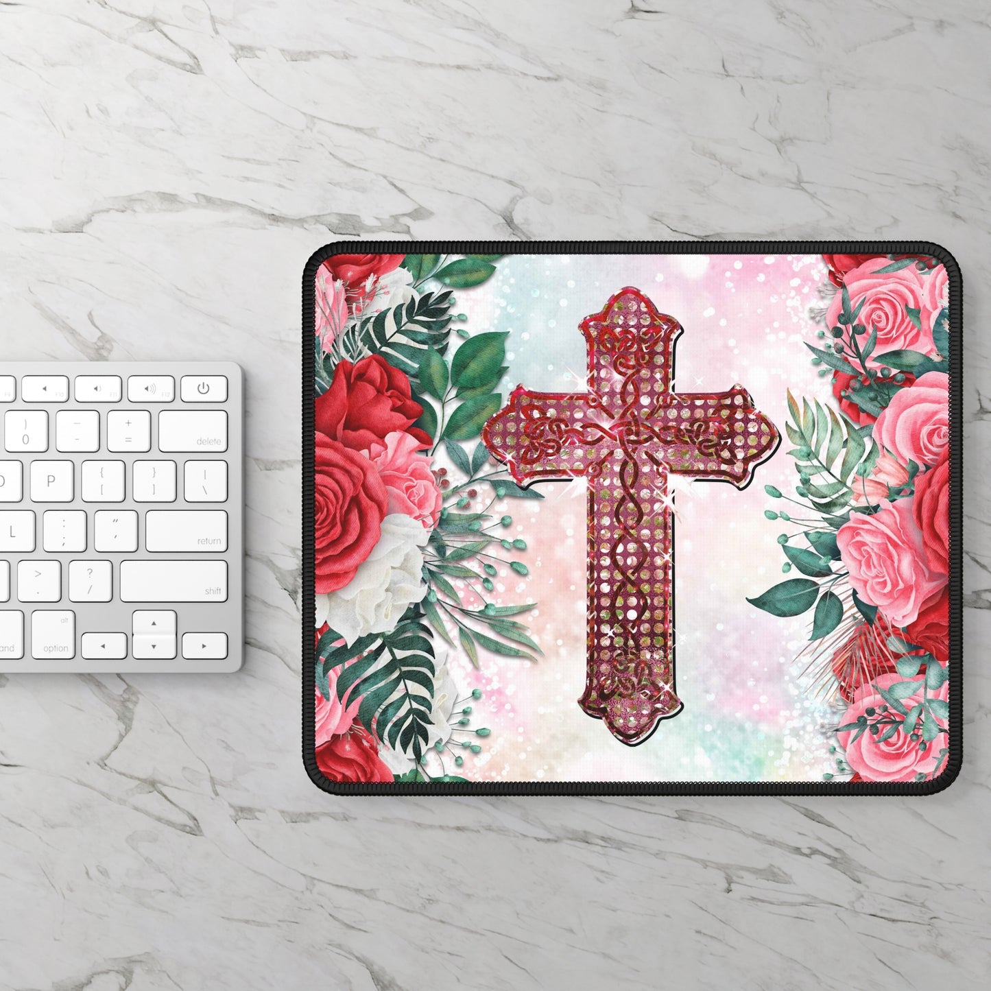 Floral Cross Radiance Mouse Pad – Where Faith Blossoms in Every Click