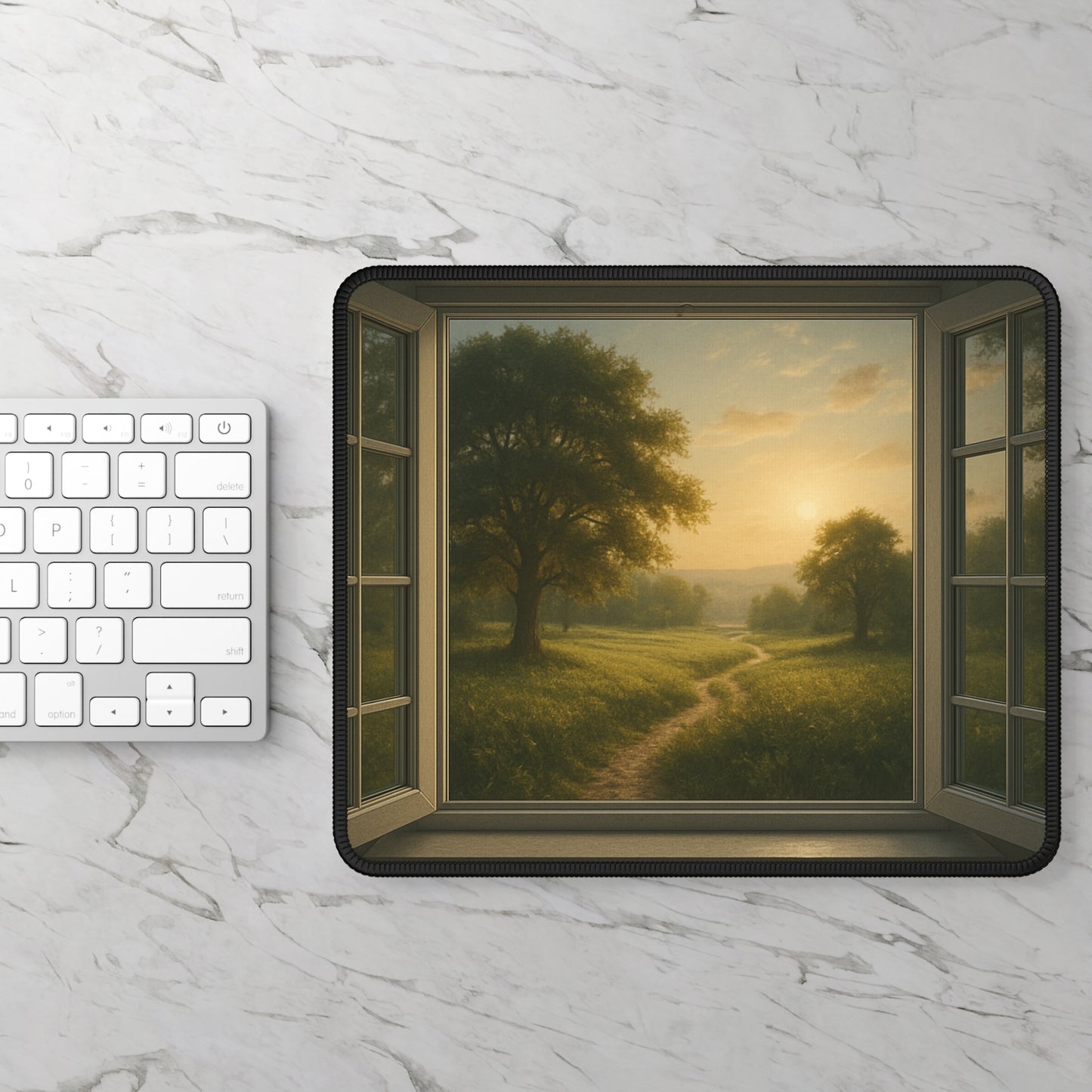 Golden Hour Escape Mouse Pad – A Tranquil Path Through the Window