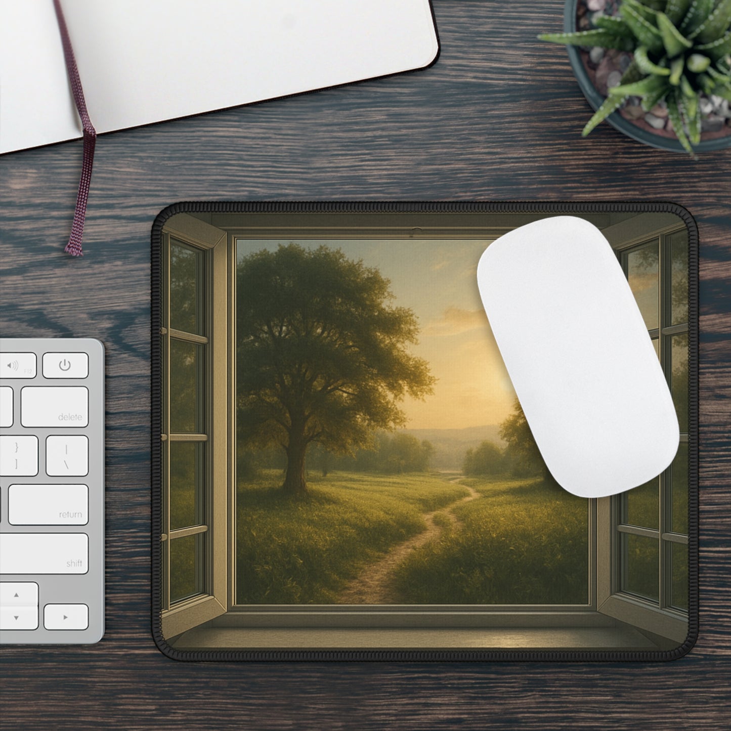 Golden Hour Escape Mouse Pad – A Tranquil Path Through the Window