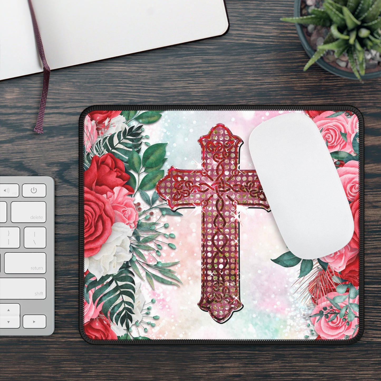 Floral Cross Radiance Mouse Pad – Where Faith Blossoms in Every Click