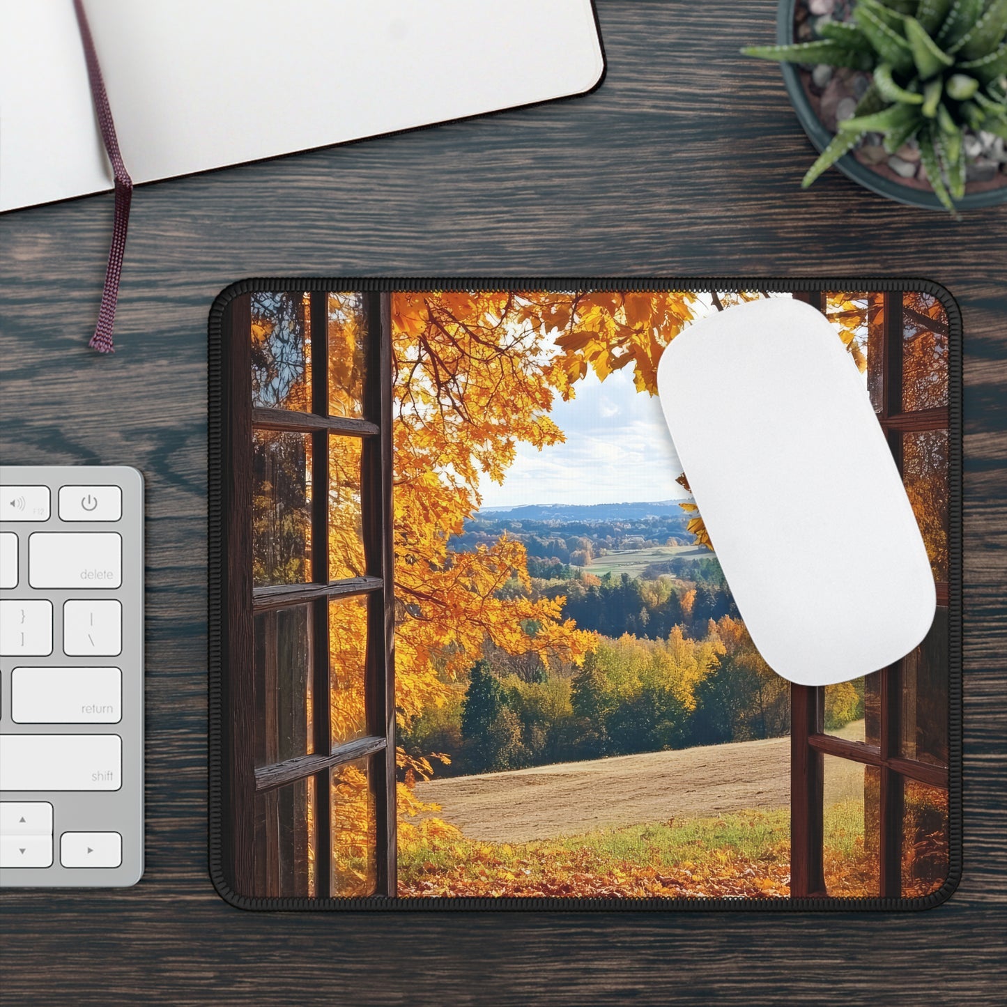 Cozy Autumn Window Mouse Pad – Your Picturesque Escape to Fall Foliage!