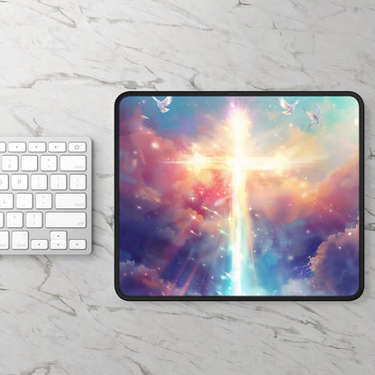 Celestial Sparkle Cross & Doves Mouse Pad – Divine Brilliance for Your Day!