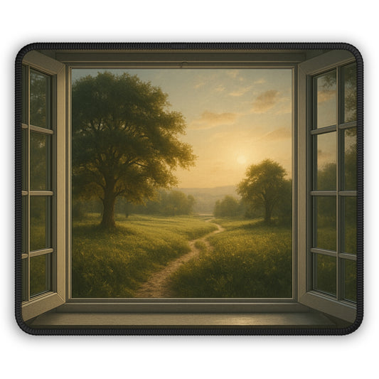 Golden Hour Escape Mouse Pad – A Tranquil Path Through the Window