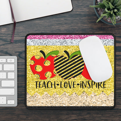 Teach Love Inspire Mouse Pad – Glitter Apples, Golden Hearts, Endless Impact