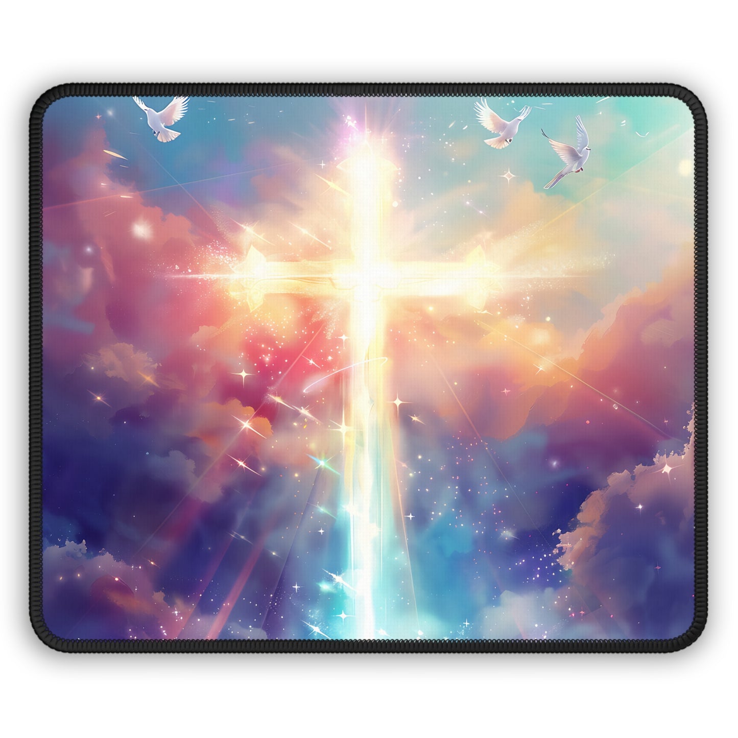 Celestial Sparkle Cross & Doves Mouse Pad – Divine Brilliance for Your Day!