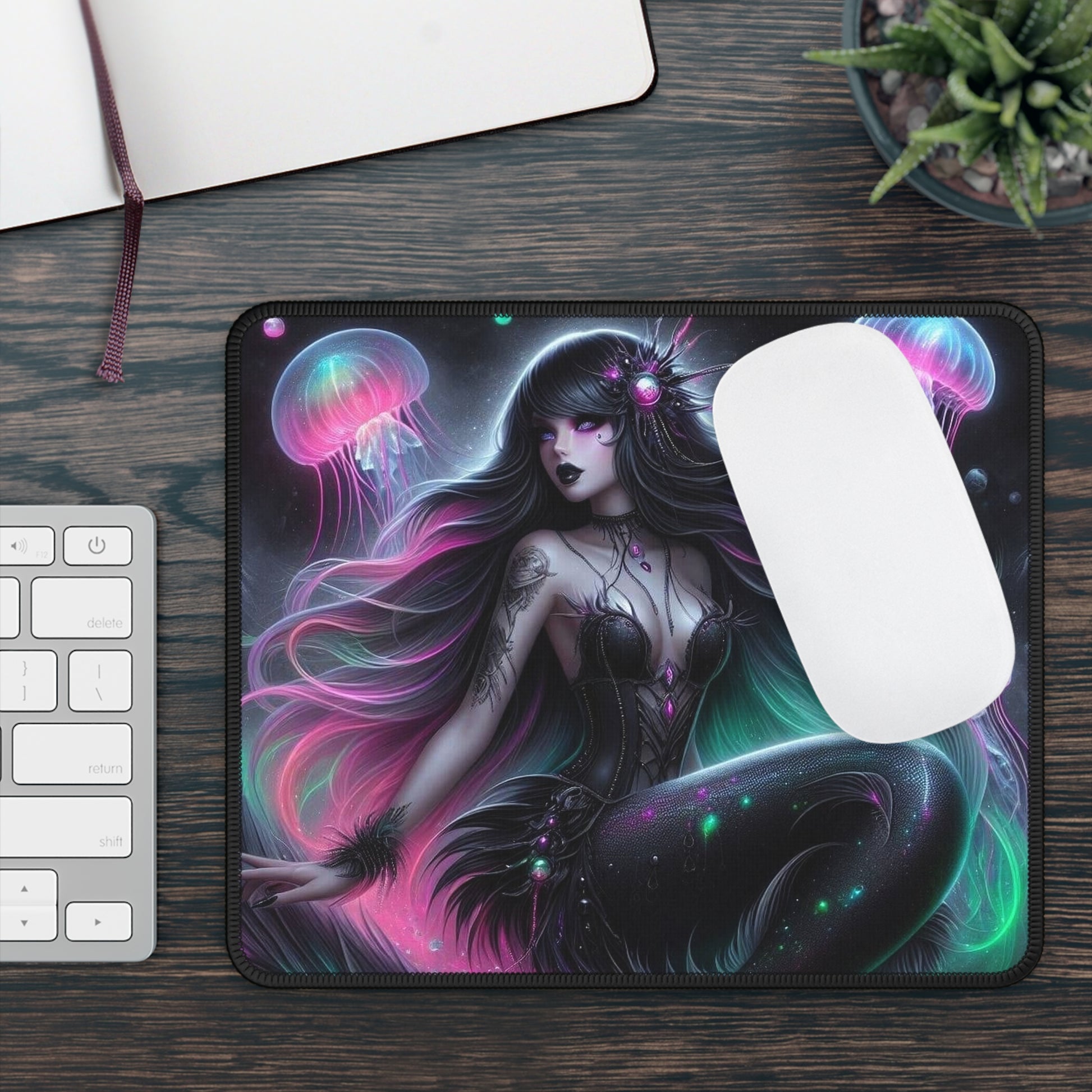 Siren of the Luminous Depths Mouse Pad – Where Dark Tides & Neon Glow Meet!