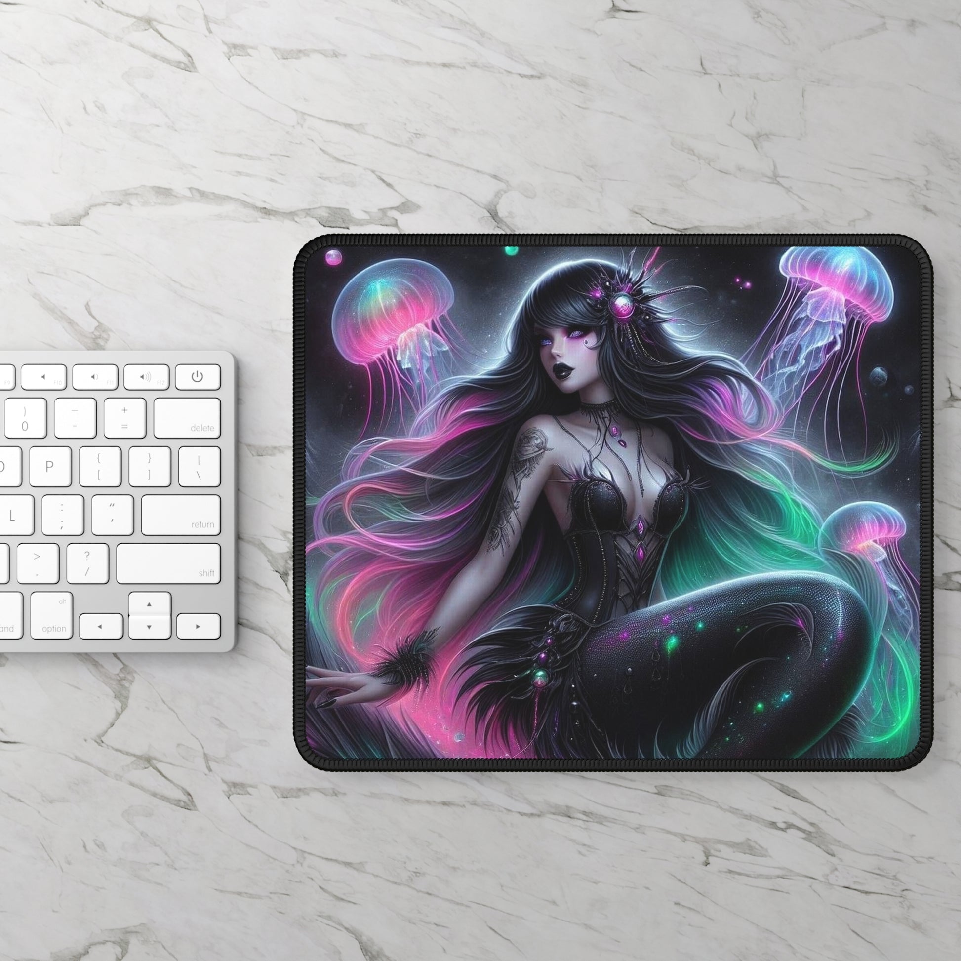 Siren of the Luminous Depths Mouse Pad – Where Dark Tides & Neon Glow Meet!