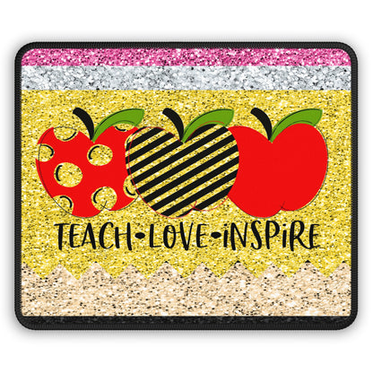 Teach Love Inspire Mouse Pad – Glitter Apples, Golden Hearts, Endless Impact